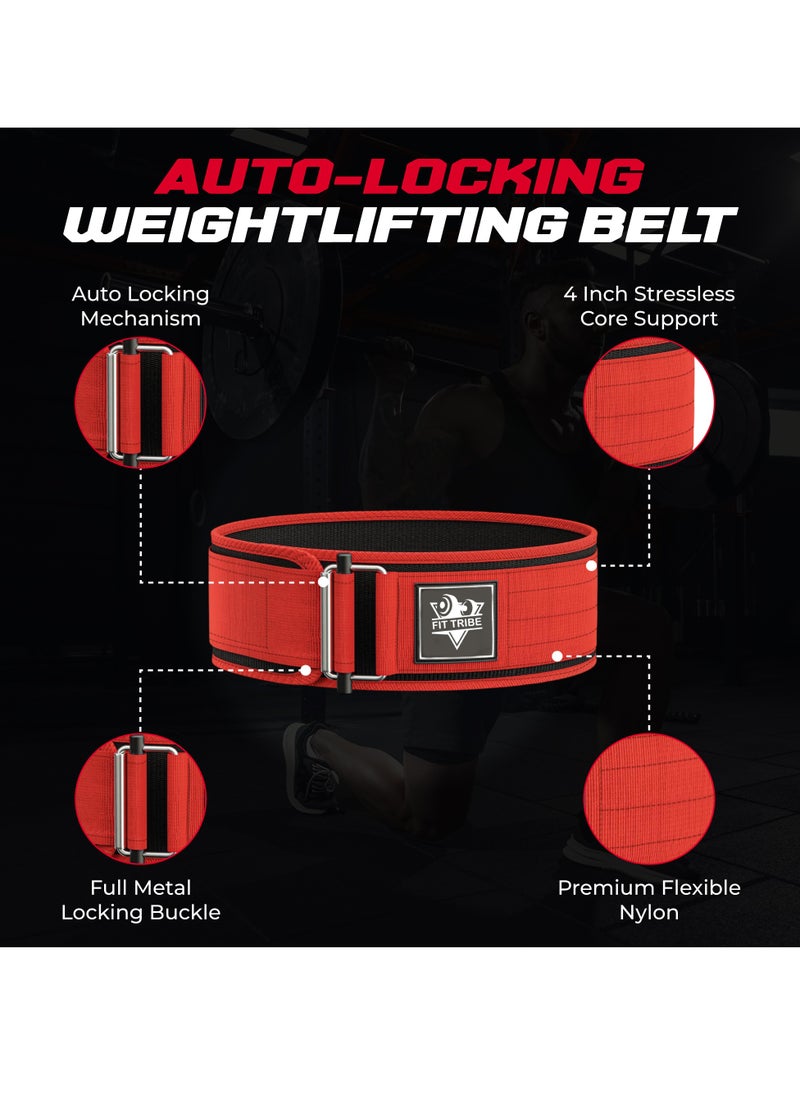 Weight Lifting Belt, Self-Locking Adjustable Gym Belt, Powerlifting & Strength Training Lumbar Support, Durable Nylon Belt for Men & Women Fitness Workouts (Red)