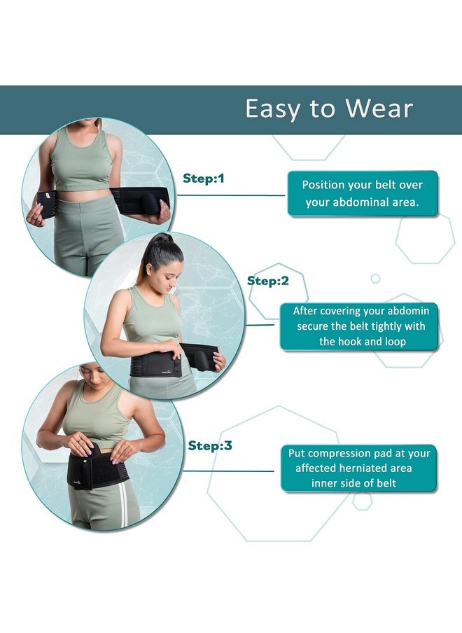 Polyester Umbilical Black Hernia Belt Pain Relief Support Brace With 1 Removable Compression Pad For Men & Women (M)