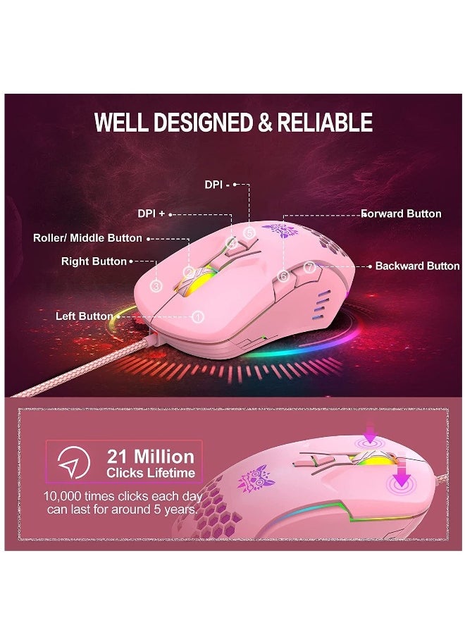 Gaming Mouse Wired, RGB Backlit 6400 DPI Adjustable gaming mouse, Grip Ergonomic Optical PC Computer Colorful Light Gaming Mice for Windows 7/8/10/XP Vista Linux (Pink)