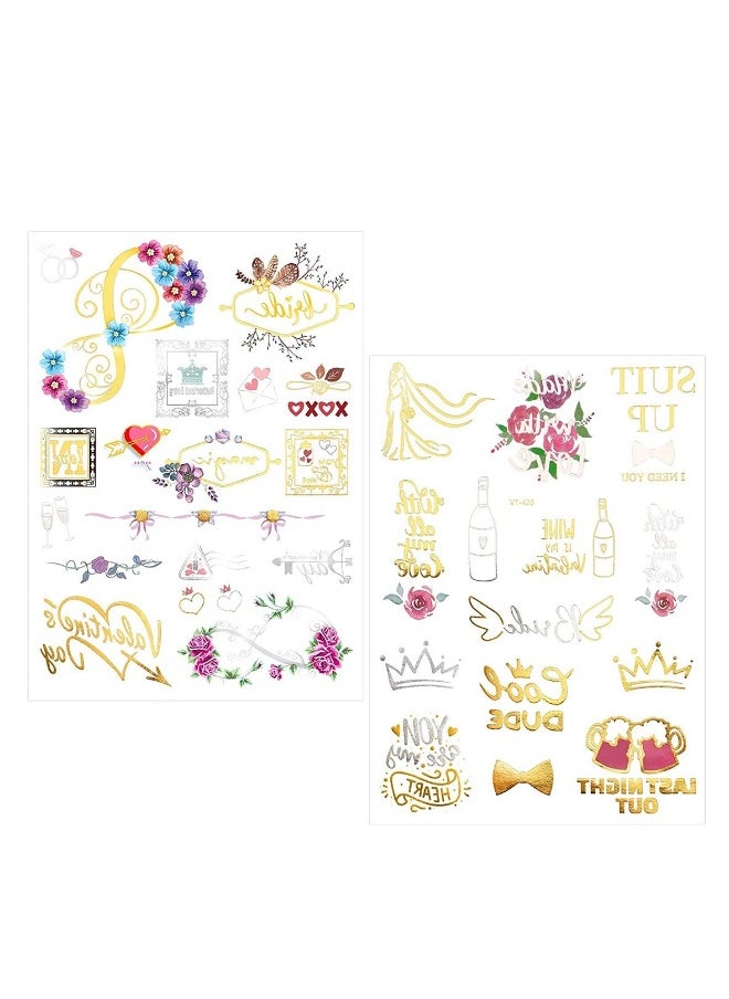 134 Pcs Bachelorette Party Tattoos Party Temporary Tattoos Metallic Gold Bridal Party Tattoos for Wedding Night Bachelorette Party Bridal Shower Favor