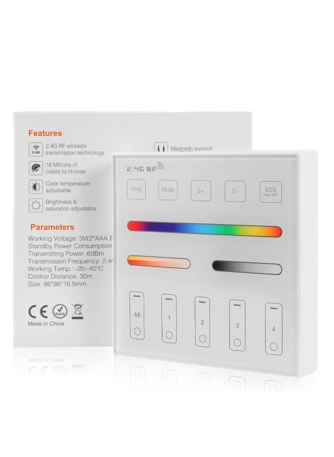 2.4G RF Wall Mounted Smart Panel Remote Control Matching, Group Control Multiple Devices, Matching with S1 LED Controller, RGBW/RGB/CCT/Dimming 4 Channel, 360° 99ft Wireless Control Distance