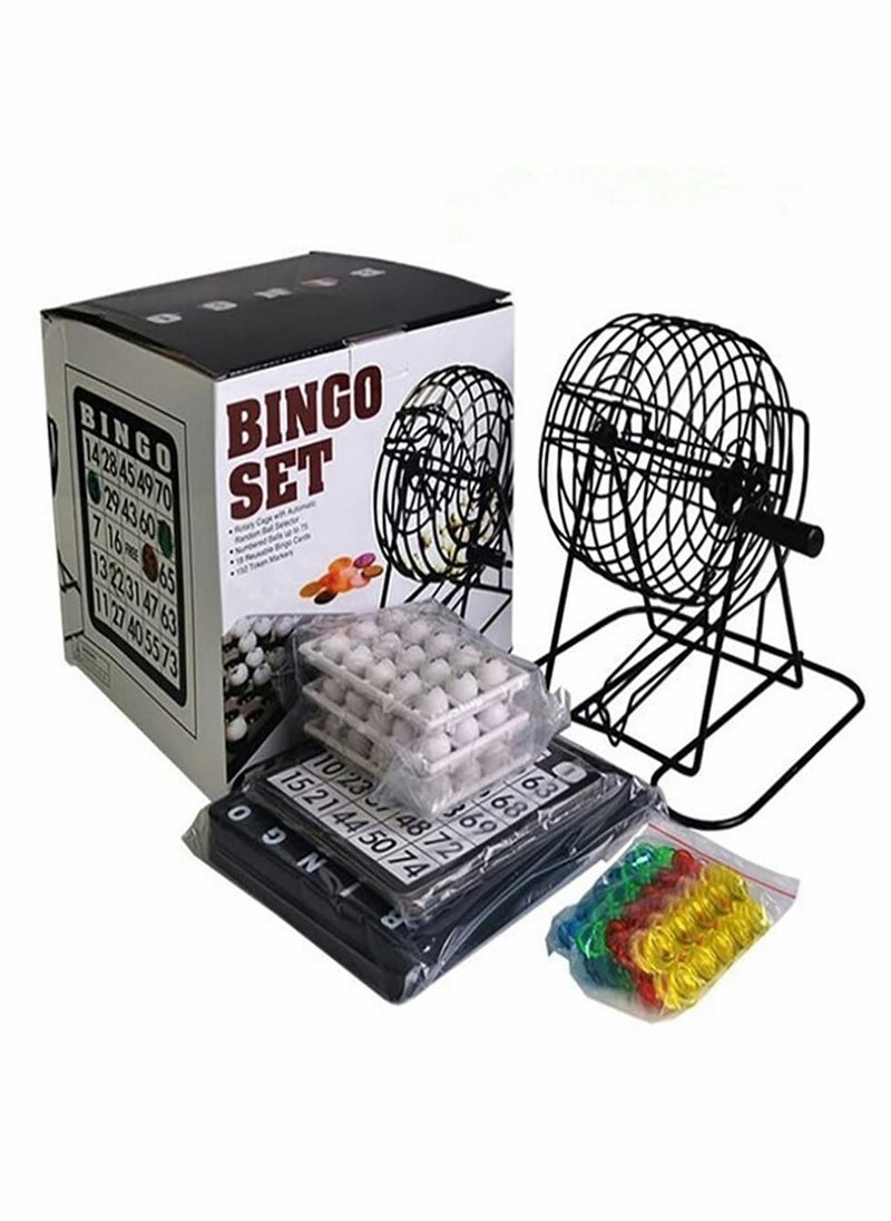 Bingo Game Set with 8 Inch Metal Round Cage, Plastic Masterboard, 75 pcs Balls, Cards and Bingo Chips