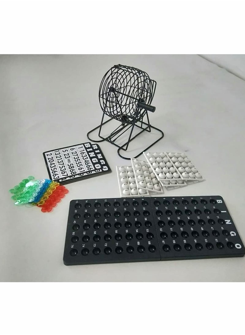 Bingo Game Set with 8 Inch Metal Round Cage, Plastic Masterboard, 75 pcs Balls, Cards and Bingo Chips