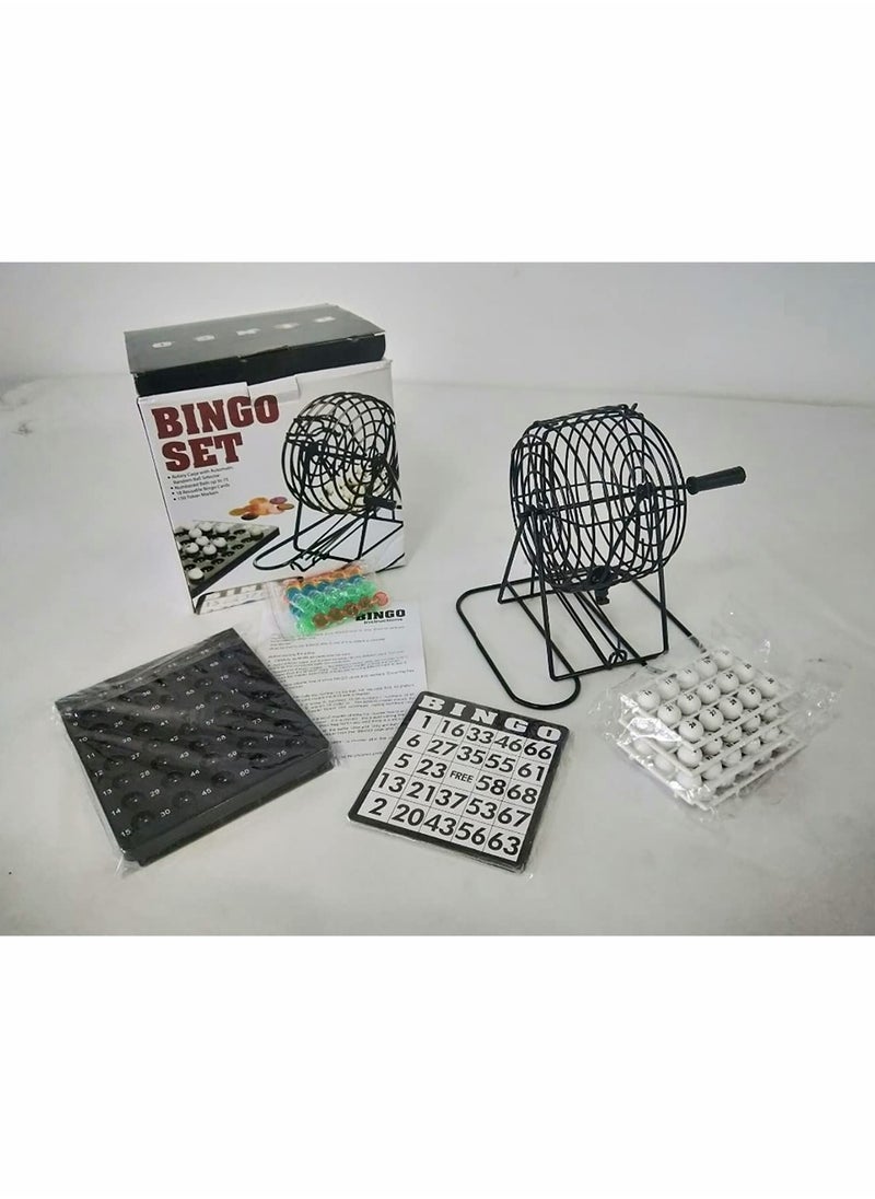 Bingo Game Set with 8 Inch Metal Round Cage, Plastic Masterboard, 75 pcs Balls, Cards and Bingo Chips