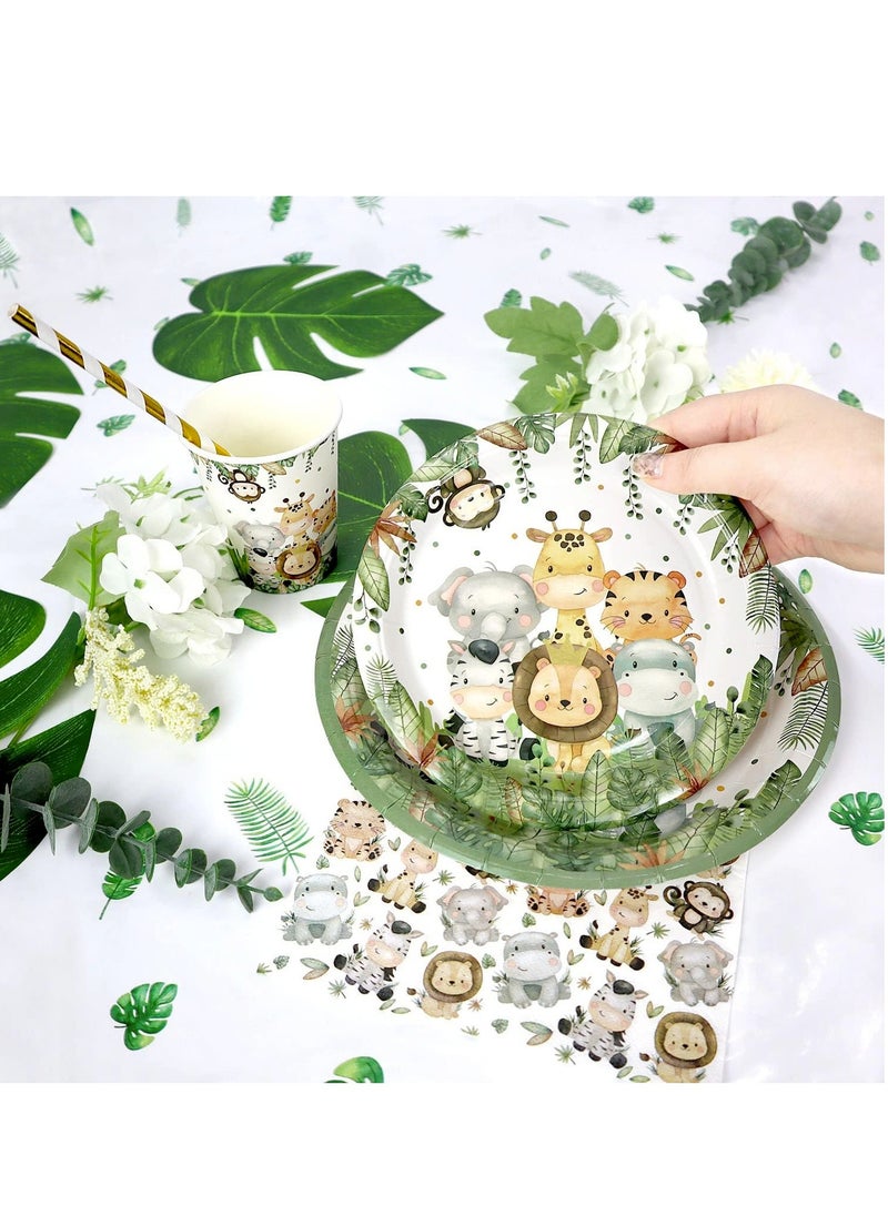 Safari Jungle Baby Shower Plates Set Decorations Boy Birthday Party Supplies Serves 25,Sage Green Plates Napkins Cups and Straws Animals Theme Disposable Tableware Set (Sage Green,greenery)