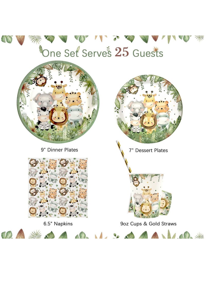 Safari Jungle Baby Shower Plates Set Decorations Boy Birthday Party Supplies Serves 25,Sage Green Plates Napkins Cups and Straws Animals Theme Disposable Tableware Set (Sage Green,greenery)