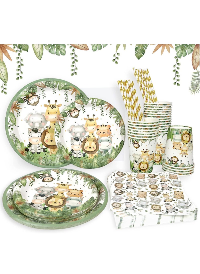 Safari Jungle Baby Shower Plates Set Decorations Boy Birthday Party Supplies Serves 25,Sage Green Plates Napkins Cups and Straws Animals Theme Disposable Tableware Set (Sage Green,greenery)