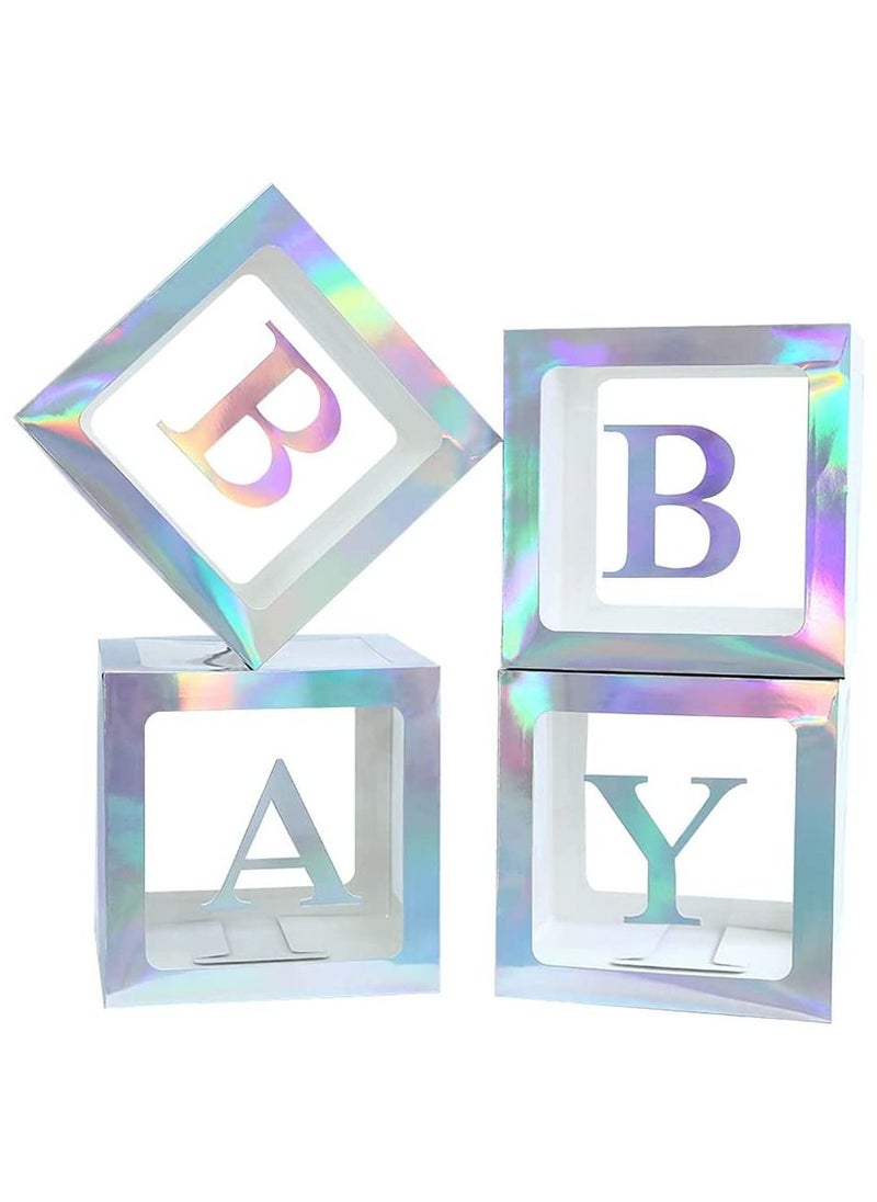 Baby Shower Boxes Party Decorations – 4Pcs Transparent Balloons Décor Blocks for Boy Girl 1st Birthday Party Gender Reveal Backdrop (Rainbow Silver)