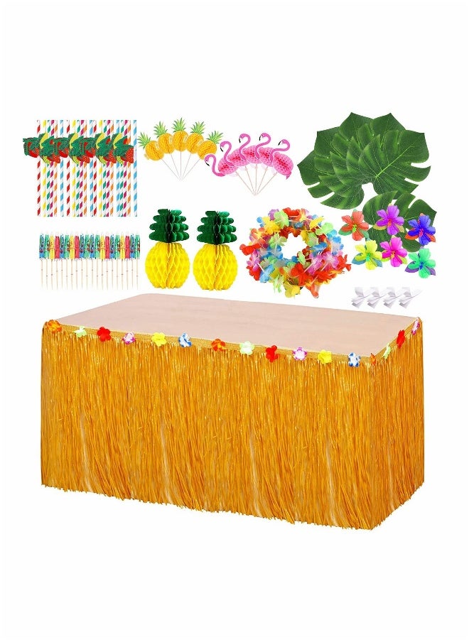 Hawaiian Luau Party Decorations Hawaiian Grass Table Skirt Set for Tropical Party Tiki Aloha Summer Theme Decorations Supplies