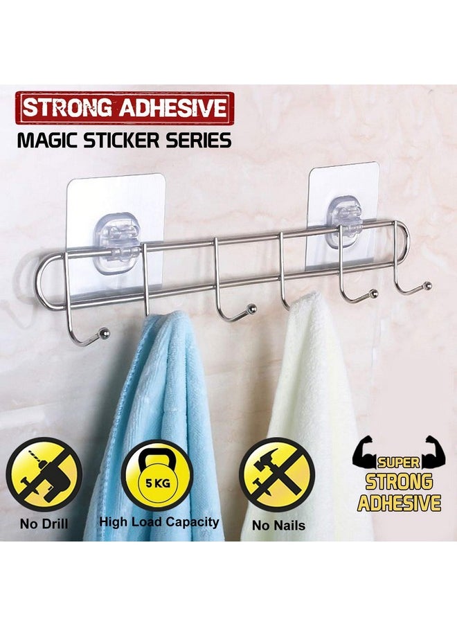 Stainless Steel Magic Sticker Self Adhesive Bathroom Wall Hook Weight Load Capacity-5 Kg -Pack Of 1 With 6 Hooks (Silver)