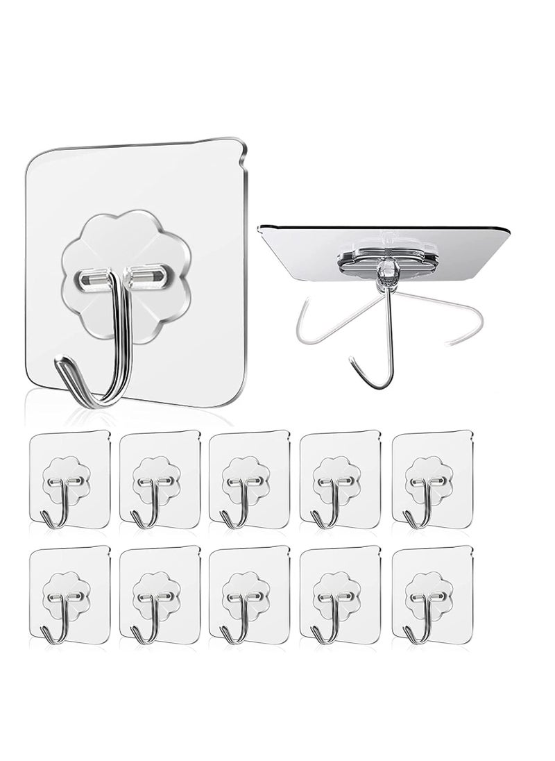 Adhesive Hooks Kitchen Wall Hooks-Heavy Duty 13.2lb(Max) Nail Free Sticky Hangers with Stainless Hooks Reusable Utility Towel Bath Ceiling Hooks-10 pcs