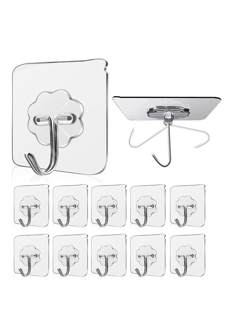 Adhesive Hooks Kitchen Wall Hooks-Heavy Duty 13.2lb(Max) Nail Free Sticky Hangers with Stainless Hooks Reusable Utility Towel Bath Ceiling Hooks-10 pcs