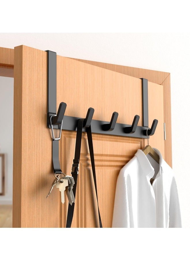 Over the Door Hook Rack with 5 Hooks - Versatile Door Hanger for Coats, Towels, Bags, Keys - Ideal for Bathroom, Bedroom, Behind Back of Door, Black