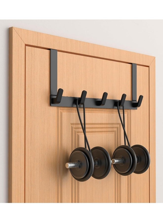 Over the Door Hook Rack with 5 Hooks - Versatile Door Hanger for Coats, Towels, Bags, Keys - Ideal for Bathroom, Bedroom, Behind Back of Door, Black