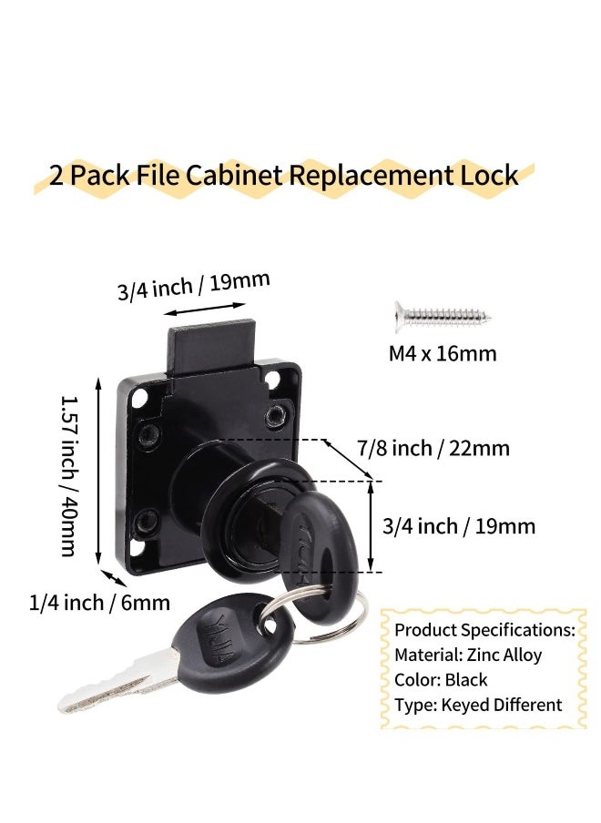 2 Pack File Cabinet Locks 22mm Cylinder Length Desktop Lock Mailbox Locks Desk Drawer Lock Keyed Different Rust-Resistant and Easy to Install