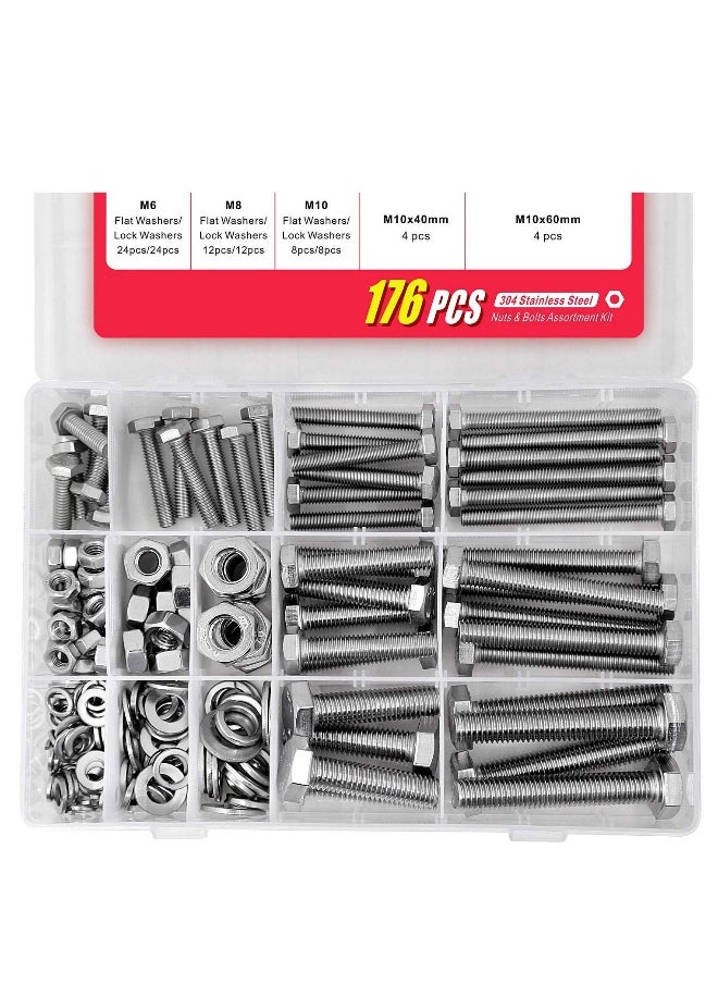 176 Pieces M6 M8 M10 Heavy Duty Bolts and Nuts Assortment Kit, 304 Stainless Steel, Includes 16 Most Common Sizes, Stainless Steel Hex Head Bolt with Nut and Flat Spring Washer