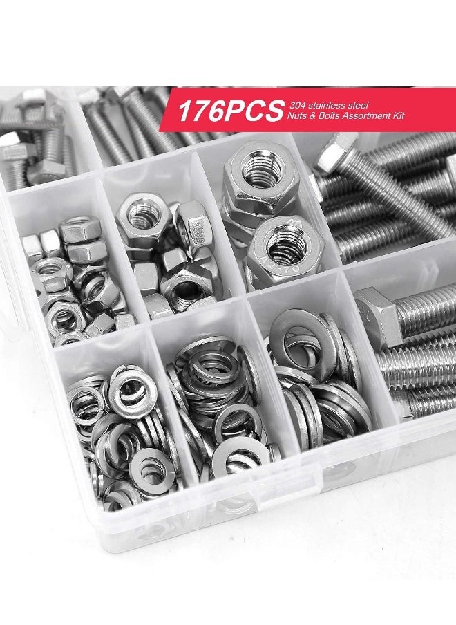 176 Pieces M6 M8 M10 Heavy Duty Bolts and Nuts Assortment Kit, 304 Stainless Steel, Includes 16 Most Common Sizes, Stainless Steel Hex Head Bolt with Nut and Flat Spring Washer