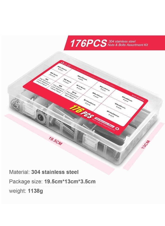 176 Pieces M6 M8 M10 Heavy Duty Bolts and Nuts Assortment Kit, 304 Stainless Steel, Includes 16 Most Common Sizes, Stainless Steel Hex Head Bolt with Nut and Flat Spring Washer