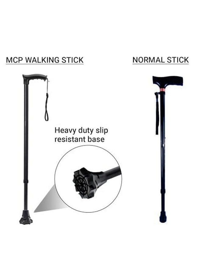 Strong Walking Stick With Adjustable Height, Mild-Steel Body, Light Weight For Men/Women, Patients, Old People With Self Standing Base (Black)