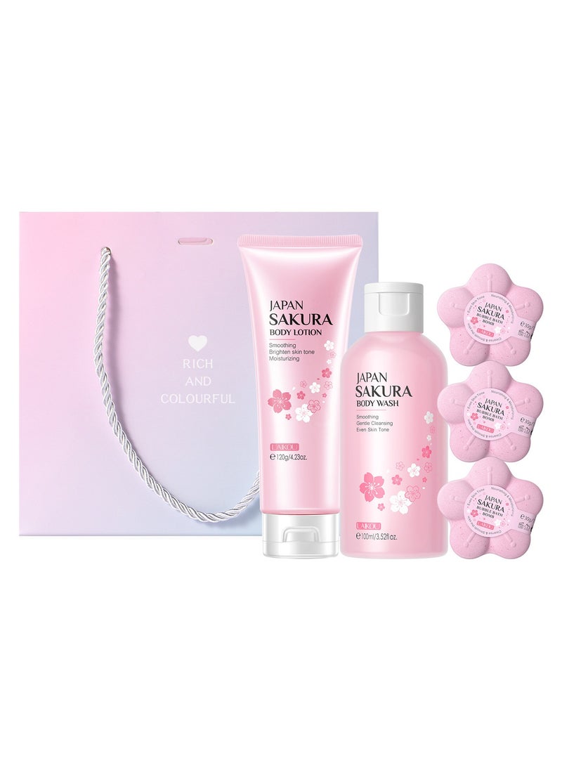 Women's Sakura Bath Set, Women's Pampering Gift Basket Birthday Gift for Mom, Friends, Sisters, Wife - Includes Sakura Shower Gel 100ml, Body Lotion 120ml, Bubble Bomb Bath Salt 30g*3