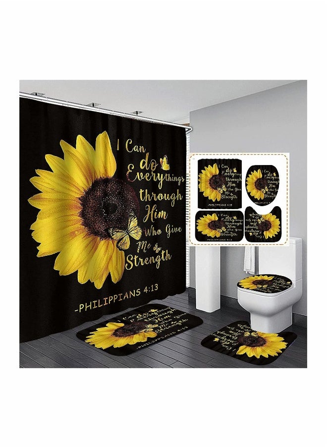 Sunflower Shower Curtain Sets,Quotes Butterfly Bathroom Decor Sets with Rugs Include Waterproof Shower Curtain Non-Slip Rug Toilet Lid Cover Bath Mat 4pcs