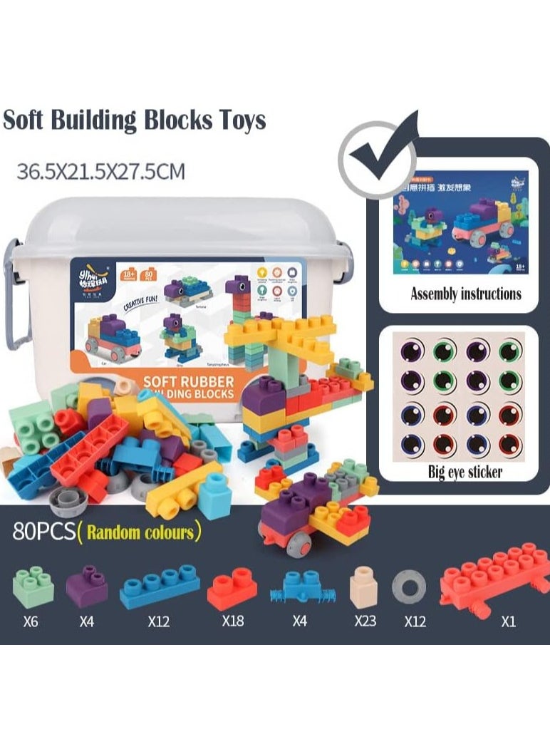 Soft Building Blocks Toys,80 Pcs Build Blocks Sensory Toys for Kids STEM Educational Sets Learningu0026Development Toys Stacking Block Kit Educational Infant Blocks for Toddlers Baby 1-5 Years Old