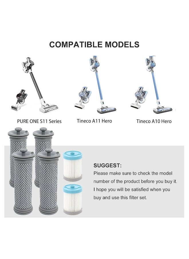Cordless Vacuum Filter Replacement Kit for Tineco A10/ A11 Hero A10/A11 Master and for PURE ONE S11 for PWRHERO11 Snap Cordless Vacuum Cleaner 4 Pre Filters 2 HEPA Filter