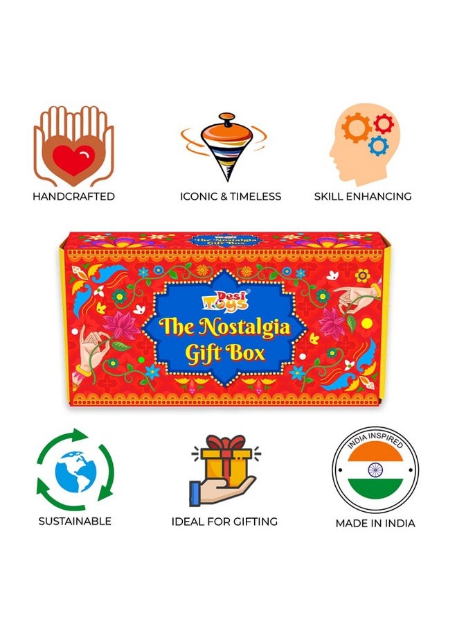 Desi Toy Nostalgia Toys Festival Gift Box (Combo Of 6) Spinning Top Lattu, Steam Boat, Tin Clicker, Tin Top, Handcrafted Pencil, Windup Tin Classic Toy Car Playset For Kids (Nostalgia Gift Box)