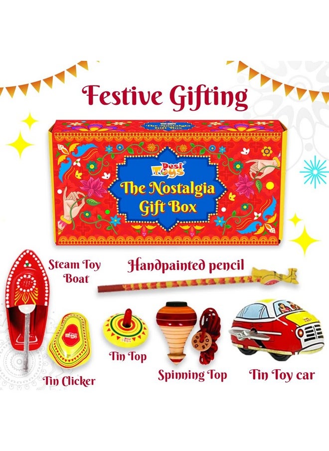 Desi Toy Nostalgia Toys Festival Gift Box (Combo Of 6) Spinning Top Lattu, Steam Boat, Tin Clicker, Tin Top, Handcrafted Pencil, Windup Tin Classic Toy Car Playset For Kids (Nostalgia Gift Box)