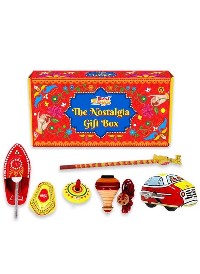 Desi Toy Nostalgia Toys Festival Gift Box (Combo Of 6) Spinning Top Lattu, Steam Boat, Tin Clicker, Tin Top, Handcrafted Pencil, Windup Tin Classic Toy Car Playset For Kids (Nostalgia Gift Box)