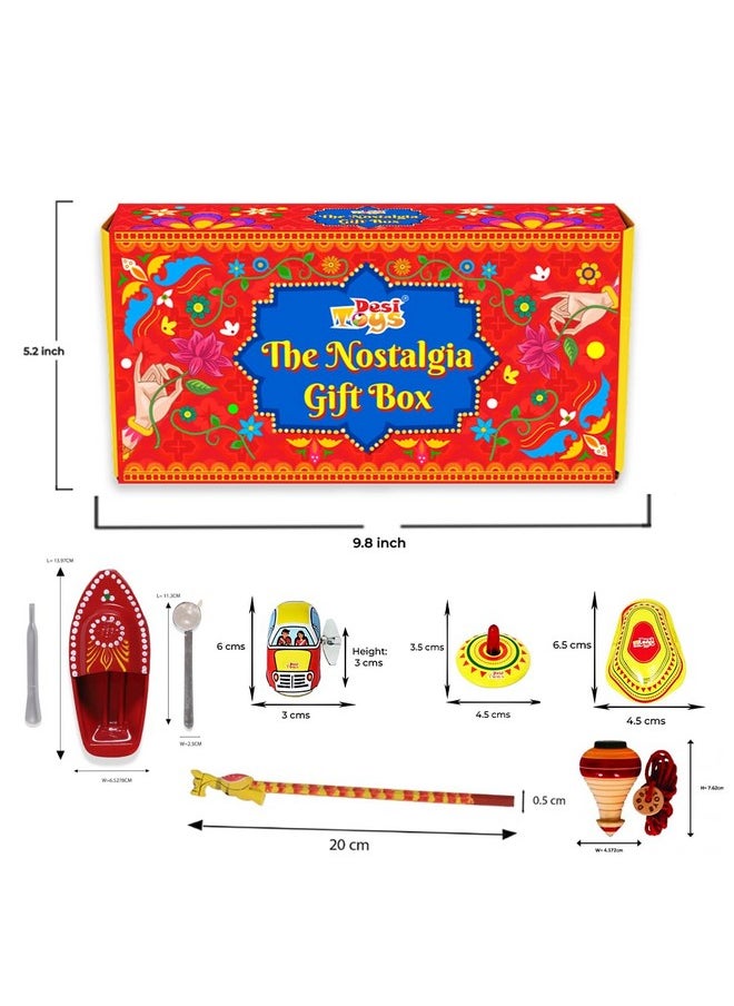 Desi Toy Nostalgia Toys Festival Gift Box (Combo Of 6) Spinning Top Lattu, Steam Boat, Tin Clicker, Tin Top, Handcrafted Pencil, Windup Tin Classic Toy Car Playset For Kids (Nostalgia Gift Box)