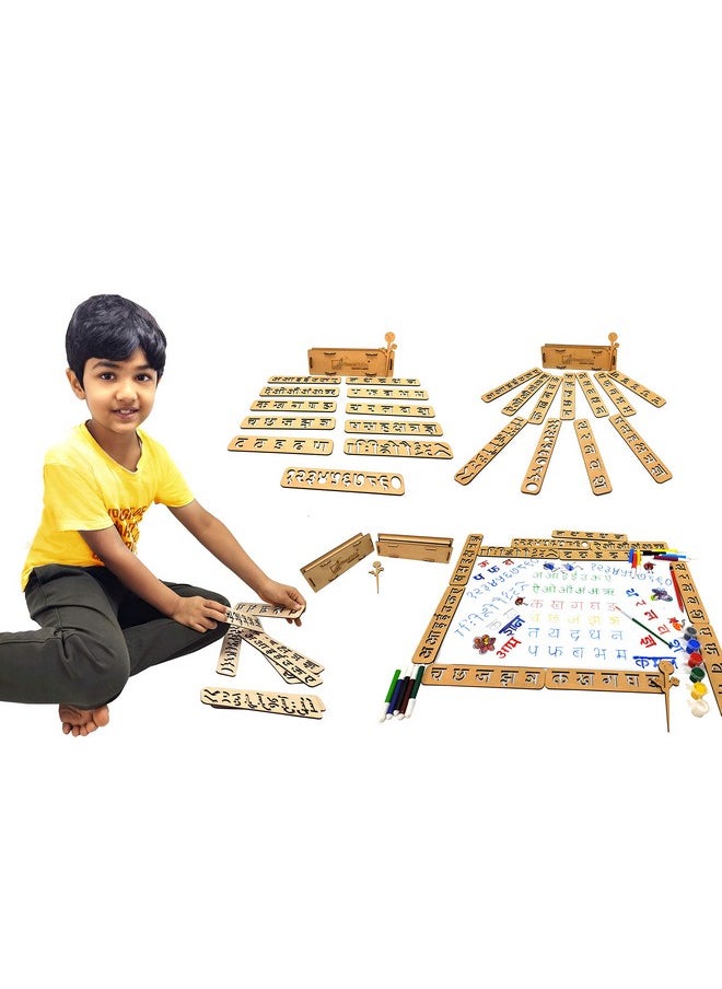 Kid My First Hindi Writing Kit. Educational Wood Hindi Handwriting Stencil. Letter Tracing Kit Of Hindi Alphabet And Numbers Hindi Varnamala Stencil (Multicolour)