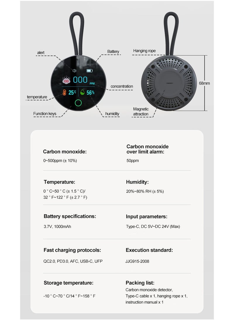 3-in-1 Air Quality Detector - Portable Carbon Monoxide (CO) Detector with Temperature & Humidity Monitoring, Ideal for RVs, Camping, Cars, and Home Use, Rechargeable 1000mAh Battery with 8-Hour Runtime