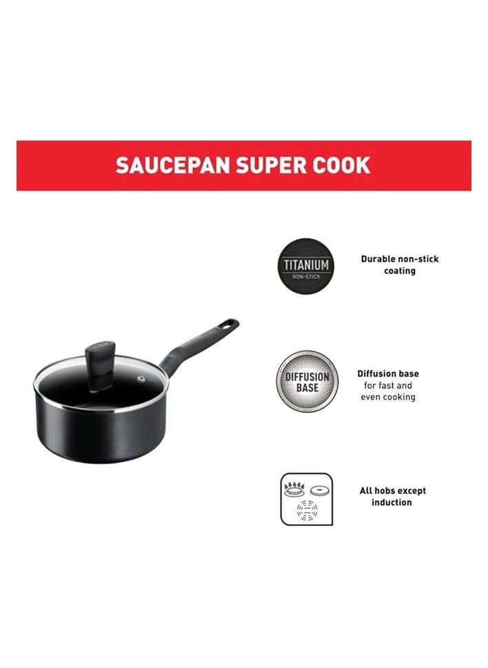 Frying Pan | G6 Super Cook 18 cm Saucepan with Lid | Non stick | Black | Aluminium