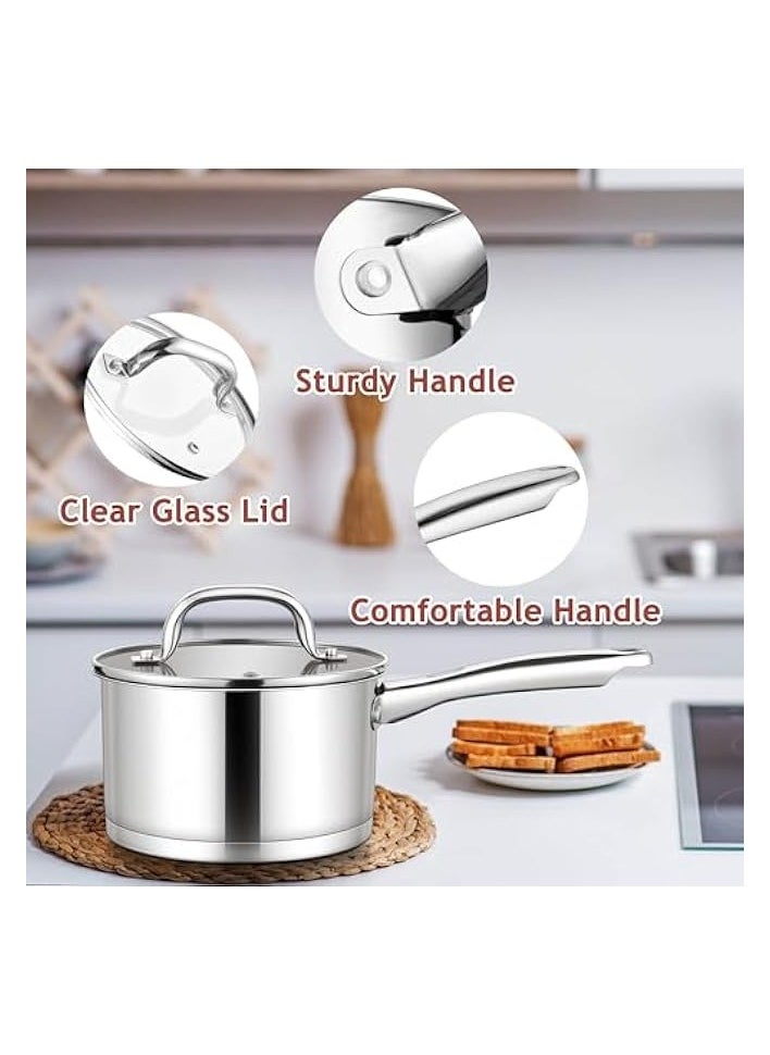 Stainless Steel Saucepan with Lid, 2 Quart Sauce Pan Induction Pot for Cooking, Boiling, Compatible with All Stoves, Healthy & Non Toxic, Oven & Dishwasher Safe