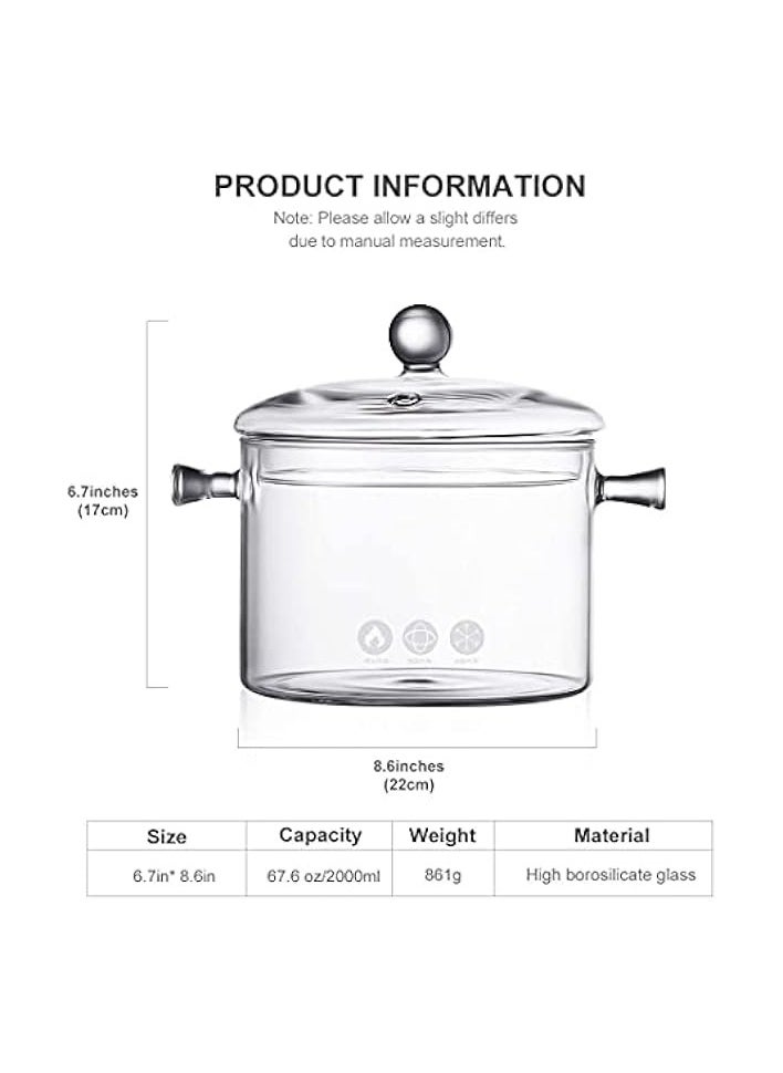 Glass Saucepan 1.5 Liter - Cooking Pot with Lid Sauce Pan for Soup, Pasta & Baby Food, Cover - Heat-Resistant Thick Glass Cookware Set Clear Stove-top Cooking Pot.