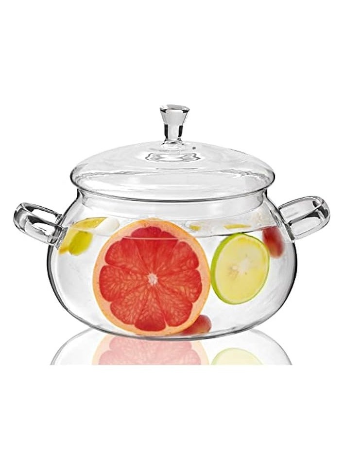 Glass Clear Saucepan with Lid, 2450ML Handmade Easy Clean Heat Resistant Glass Cooking Pot for Noodles, Soup, Cereals, Fruits