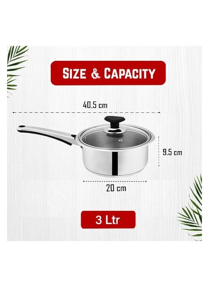 COOKWARES Mega Stainless Steel Sauce Pan, (3 Ltr) with Glass Lid – Ergonomic Cool Handle, Sandwich Bottom, Sleek Modern Appearance, Ideal for Sauces, Soups & More (20cm)