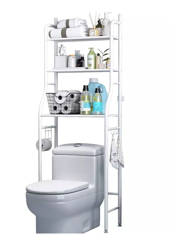 Toilet Storage Rack 3 Tier Over Commode Shelving Storage Space Saving Shelf With Toilet Tissue Holder And 3 Hooks White Colour