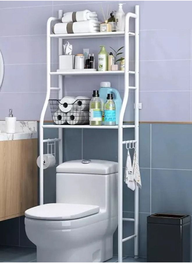 Toilet Storage Rack 3 Tier Over Commode Shelving Storage Space Saving Shelf With Toilet Tissue Holder And 3 Hooks White Colour