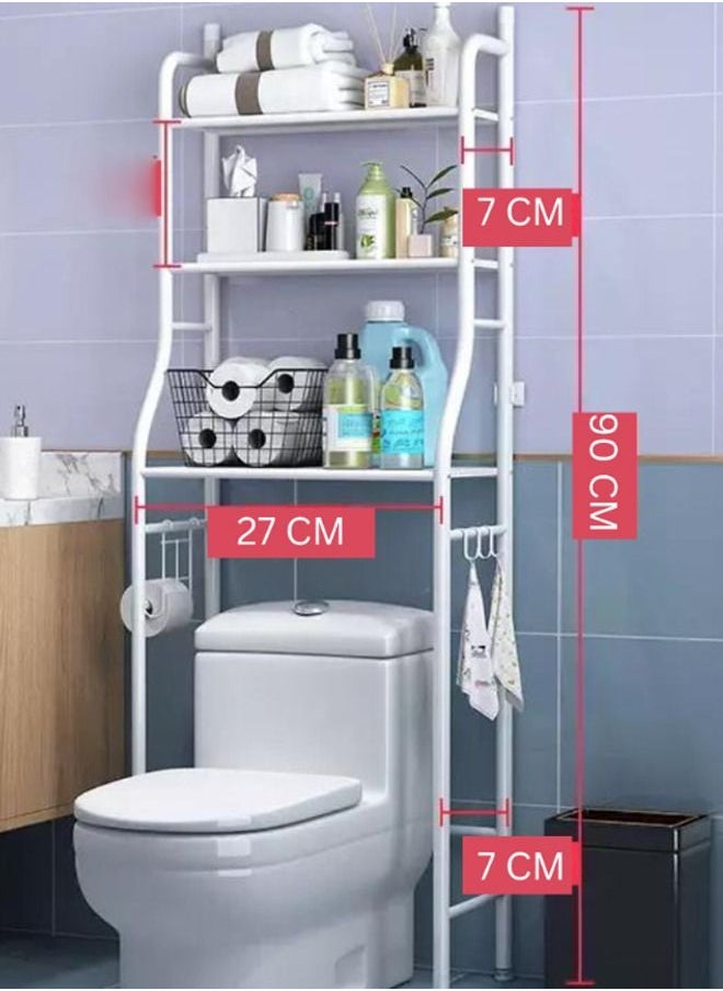 Toilet Storage Rack 3 Tier Over Commode Shelving Storage Space Saving Shelf With Toilet Tissue Holder And 3 Hooks White Colour