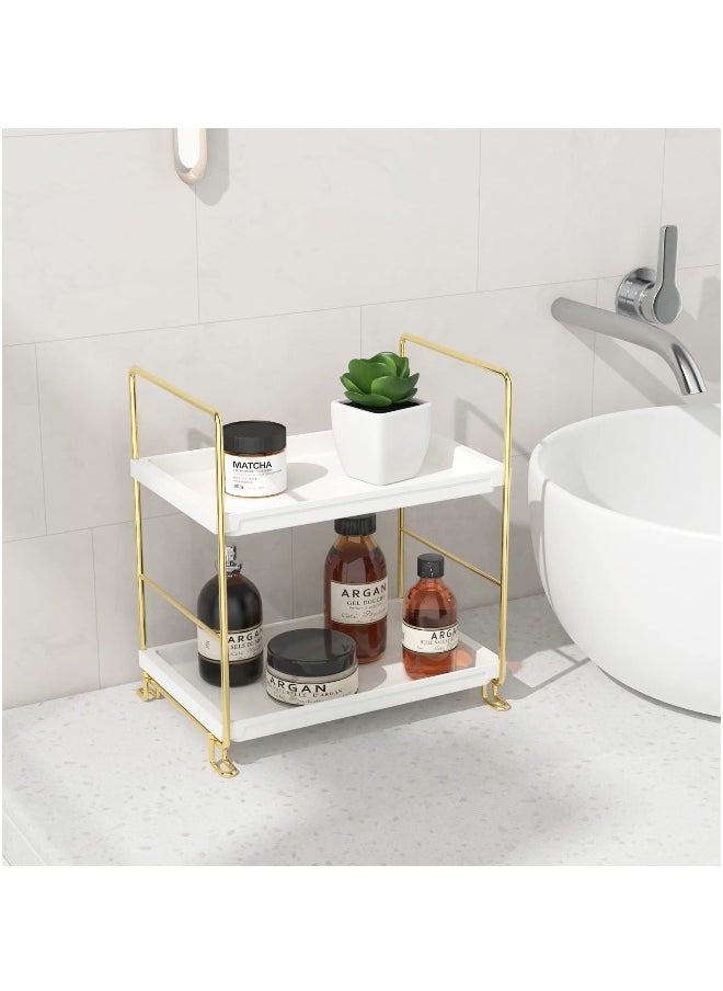 Bathroom Countertop Organizer, 2-tier Bathroom Organizer Counter Organizer and Storage Shelf Vanity Storage Tray Skincare Organizer (Gold, White)