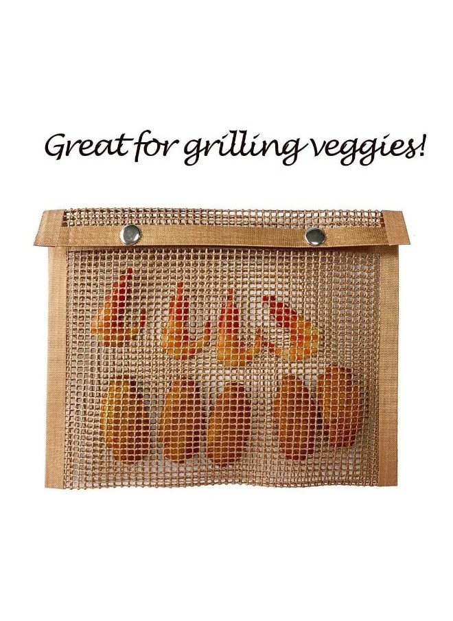 BBQ Mesh Grill Bags High Temperature Resistant Grid Barbecue Bag Reusable Grilling Pouches for Charcoal Gas Electric Grills Set Is A Must-Have All Event 2 Pack Brown