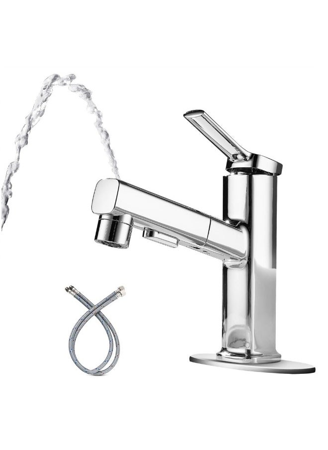 Bathroom Sink Faucet with Pull Down Sprayer, Single Handle Fountain Faucet for Bathroom Modern One Hole Bathroom Faucet with Included Hoses (Chrome)