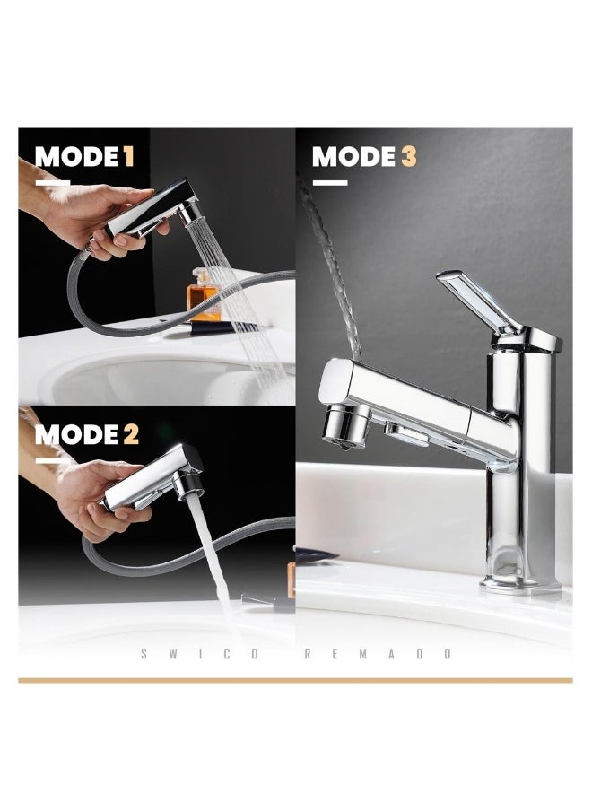 Bathroom Sink Faucet with Pull Down Sprayer, Single Handle Fountain Faucet for Bathroom Modern One Hole Bathroom Faucet with Included Hoses (Chrome)