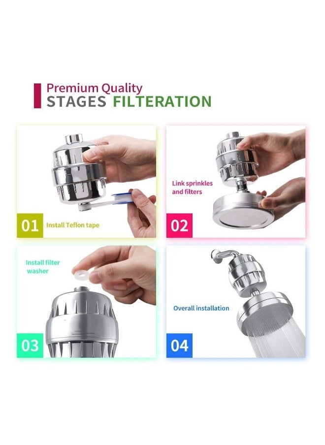 Shower Filtered Shower Head Set, Removes Chlorine and Harmful Substances, High Pressure Rainfall Shower Head, Shower Filter & Shower Head, Silver