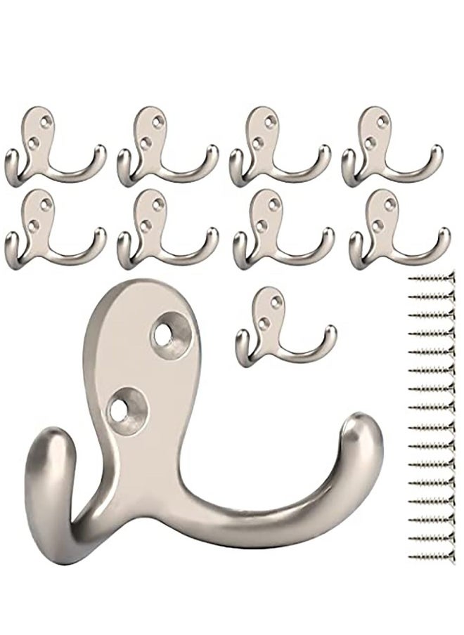 10 Pcs Double Prong Coat Hooks Hardware, Silvery Towel Hooks Wall Mounted with 20 Screws, Metal Hooks for Hanging Coats, Towel, Hat, Key, Bag