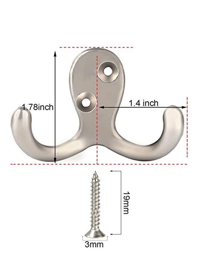 10 Pcs Double Prong Coat Hooks Hardware, Silvery Towel Hooks Wall Mounted with 20 Screws, Metal Hooks for Hanging Coats, Towel, Hat, Key, Bag