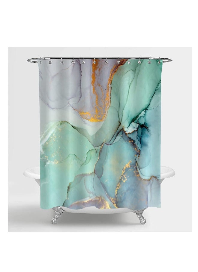 Turquoise Marble Shower Curtain - Abstract Blue Green Jade Texture with Purple and Gold Stripes - 72x72 Inch Waterproof Fabric Bathroom Curtain with Hooks