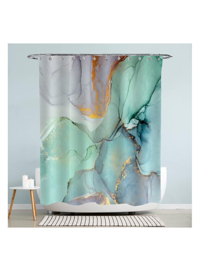 Turquoise Marble Shower Curtain - Abstract Blue Green Jade Texture with Purple and Gold Stripes - 72x72 Inch Waterproof Fabric Bathroom Curtain with Hooks